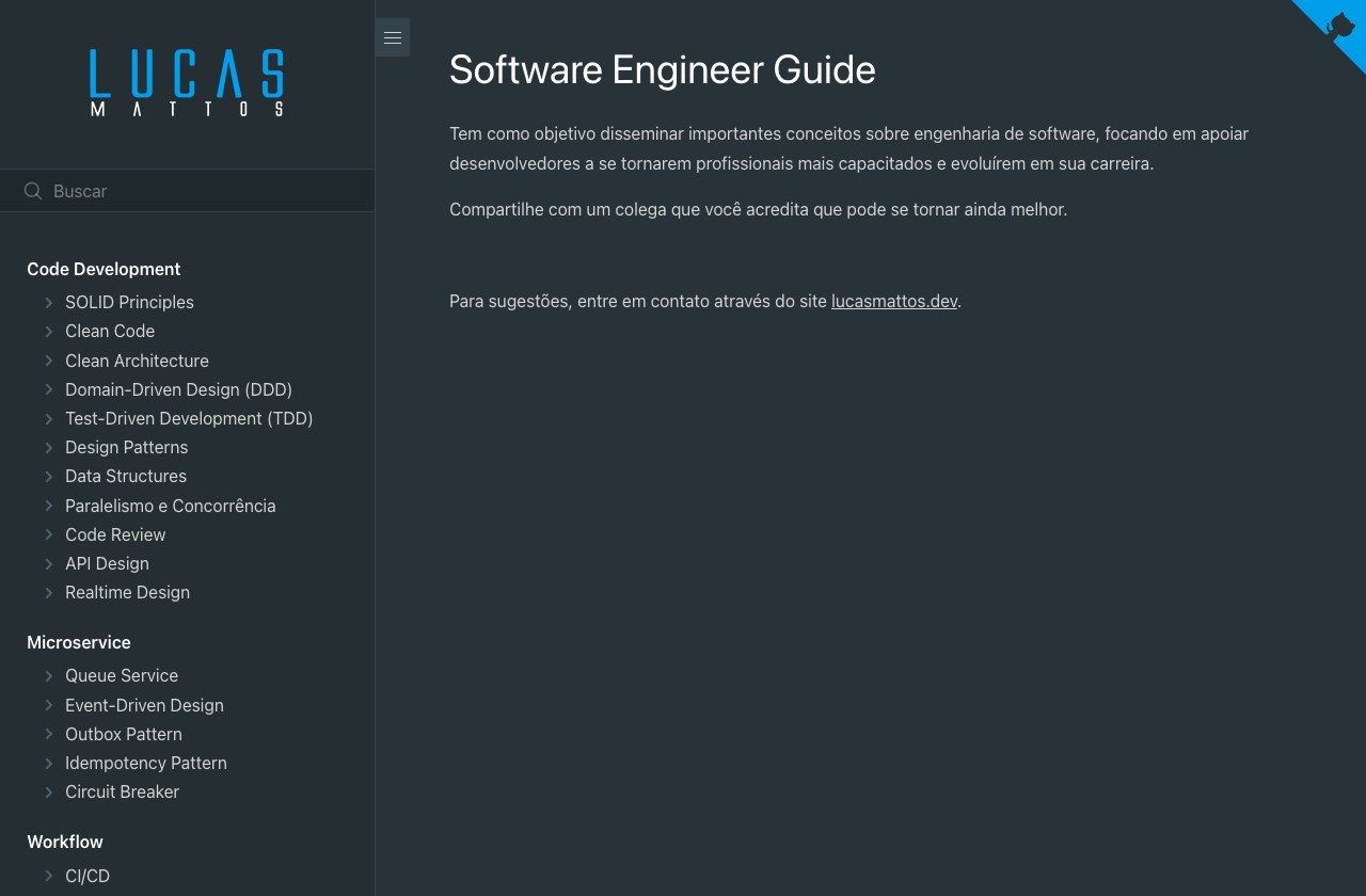 Prévia do Software Engineer Guide, com navegação pelos conteúdos de engenharia de software.